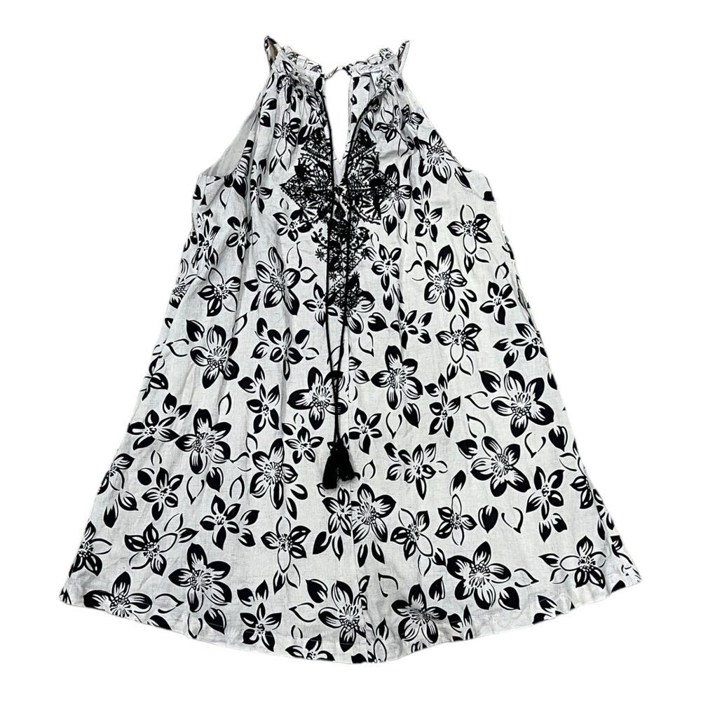 Esley Gray Embroidered Floral Linen Blend Halter Shift Dress S